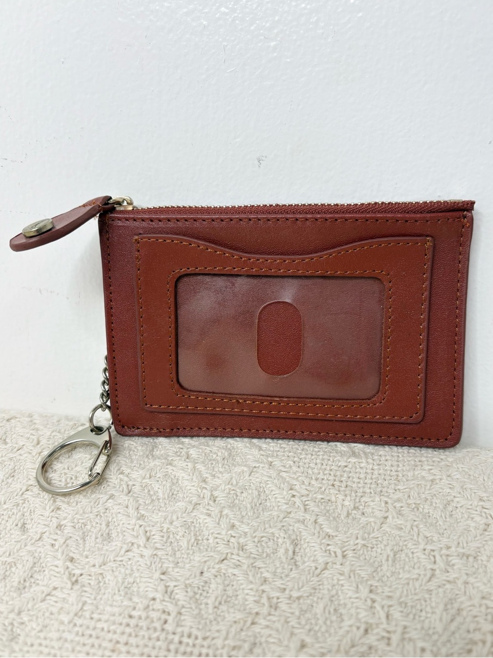 Lands' End Brown Leather Cardholder Keychain Wallet ID Coin Purse Case